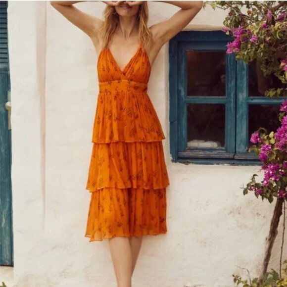 ⭐️ Pamela Floral V Neck Boho Beach Peasant Hipster Hippie Deco Chic Midi Dress - Picture 1 of 6